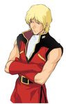  artist_request belt belt_buckle blue_eyes blush brown_eyes buckle char_aznable closed_mouth crossed_arms gundam male_focus muscle quattro_vageena simple_background smile solo uniform upper_body white_background zeta_gundam 