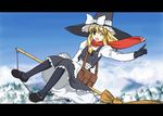  blonde_hair broom broom_riding gloves happy hat kirisame_marisa letterboxed long_sleeves one_eye_closed pantyhose perfect_cherry_blossom red_scarf scarf sidesaddle solo touhou witch_hat yamaguchi_yuu 