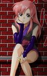  against_wall artist_request bare_legs bare_shoulders black_dress brick_wall chin_rest detached_sleeves dress gundam gundam_seed gundam_seed_destiny head_tilt lacus_clyne long_hair long_sleeves looking_at_viewer pink_hair sash simple_background sleeveless sleeveless_dress smile solo 