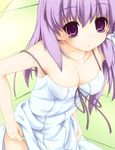  akinoko bare_shoulders breasts clannad cleavage dress fujibayashi_kyou hair_ribbon long_hair medium_breasts panties panty_pull purple_eyes purple_hair ribbon solo underwear 