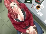  breasts business_suit chair cleavage cleavage_(game) desk dutch_angle formal game_cg glasses green_eyes huge_breasts ichinose_sayaka jacket jpeg_artifacts long_hair long_sleeves miniskirt office pencil_skirt red_hair sei_shoujo sitting skirt skirt_suit smile solo suit teacher thighhighs zettai_ryouiki 