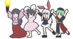  4girls animal_ears animated animated_gif barefoot black_hair bow braid bunny_ears dancing dress firing green_hair grin gun gundou_musashi houraisan_kaguya inaba_tewi iosys iosys_parody long_hair long_sleeves lowres meme multiple_girls necktie parody reisen_udongein_inaba skirt smile touhou weapon yagokoro_eirin yaranaika 