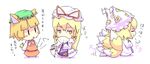  animal_ears blonde_hair blush_stickers cat_ears cat_tail chen chibi closed_eyes closed_umbrella covering_mouth earrings fan folding_fan fox_tail hair_ribbon hat jewelry long_sleeves multiple_girls multiple_tails orange_eyes pillow_hat ribbon tabard taikou_denka tail touhou translated umbrella white_background yakumo_ran yakumo_yukari |_| 