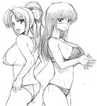  ass back-to-back bikini blush breasts greyscale hair_ribbon kiriya_erika large_breasts long_hair monochrome multiple_girls ponytail ribbon shinozuka_jouji sideboob swimsuit tsuyokiss yashi_nagomi 