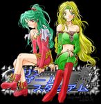  blonde_hair boots celes_chere crossed_legs dress earrings final_fantasy final_fantasy_vi green_eyes green_hair headband jewelry long_hair lowres multiple_girls pendant ponytail red_eyes sitting tina_branford 