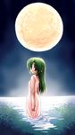  full_moon green_hair higurashi_no_naku_koro_ni lake long_hair long_sleeves looking_at_viewer moon moonlight night night_sky outdoors pointy_ears reflection sky solo sonozaki_shion tuki wading water 