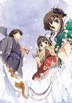  2girls animal cat fishing ice japanese_clothes kimono long_sleeves lowres multiple_girls original snowing tougarashi_hideyu 