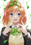  1girl :d bangs black_jacket blazer blonde_hair blue_eyes blush bow bowtie clover commentary_request double_v eyebrows_visible_through_hair fingernails go-toubun_no_hanayome green_bow green_nails green_neckwear hair_bow highres jacket light_particles long_fingernails long_sleeves looking_at_viewer motion_blur multicolored_hair nail_polish nakano_yotsuba open_clothes open_jacket open_mouth orange_hair round_teeth school_uniform short_hair simple_background smile solo teeth two-tone_hair upper_body upper_teeth v white_background zhanzheng_zi 