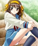  blue_sailor_collar blue_skirt brown_hair kita_high_school_uniform long_sleeves panties pantyshot sailor_collar school_uniform sentape serafuku short_hair skirt solo suzumiya_haruhi suzumiya_haruhi_no_yuuutsu underwear white_panties 