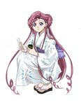  artist_request chopsticks code_geass euphemia_li_britannia japanese_clothes kimono long_hair long_sleeves pink_hair purple_eyes sandals solo squatting very_long_hair 