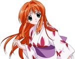  bangs green_eyes hikari_(konomini) japanese_clothes kimono kono_minikuku_mo_utsukushii_sekai long_hair long_sleeves looking_at_viewer obi orange_hair sash simple_background solo upper_body vector_trace white_background yukata 