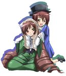 brown_hair corset dress drill_hair frills green_dress green_eyes hat heterochromia long_hair long_sleeves multiple_girls open_mouth red_eyes rozen_maiden shoes short_hair siblings simple_background sisters smile souseiseki suiseiseki top_hat toryuu twin_drills twins twintails 