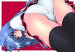  ass blue_eyes blue_hair blue_panties kanon long_hair minase_nayuki odagiri_sakura panties red_skirt skirt solo striped striped_panties thigh_gap thighhighs underwear 