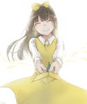  1girl bow devotion dress du_meishin eyes_closed facing_viewer fei_(pixiv7035994) hair_bow highres long_hair looking_at_viewer simple_background smile solo standing white_background yellow_bow yellow_dress 