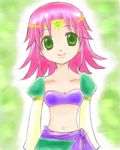  arms_at_sides asame2 asame_shinbun bikini_top circlet closed_mouth detached_sleeves final_fantasy final_fantasy_v green_eyes head_tilt lenna_charlotte_tycoon long_hair looking_at_viewer lowres mystic_knight navel pink_hair puffy_short_sleeves puffy_sleeves shiny shiny_hair short_hair short_sleeves smile solo stomach strapless strapless_bikini tareme two-tone_background 