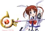  2006 artist_request bow character_name dated fingerless_gloves gloves long_sleeves lyrical_nanoha magazine_(weapon) magical_girl mahou_shoujo_lyrical_nanoha purple_eyes raising_heart red_bow red_hair solo takamachi_nanoha twintails 