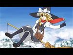  blonde_hair broom broom_riding flying hat kirisame_marisa letterboxed long_sleeves pantyhose red_scarf scarf sidesaddle solo touhou witch witch_hat yamaguchi_yuu 