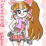  ;) akazutsumi_momoko artist_request bangs belt black_gloves blunt_bangs bracelet brown_hair dress eyebrows_visible_through_hair fingerless_gloves gloves hand_on_hip head_tilt hyper_blossom jewelry looking_at_viewer lowres oekaki one_eye_closed pleated_skirt ponytail powerpuff_girls_z red_dress skirt smile solo standing 