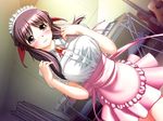  apron breasts brown_eyes brown_hair dutch_angle game_cg hiide large_breasts pink_apron solo waitress yotsunoha yuzuki_iori 