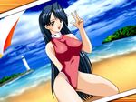  artist_request beach black_hair breasts brown_eyes casual_one-piece_swimsuit day dutch_angle game_cg kneeling kyou-shi_~nerawareta_seifuku~ large_breasts lighthouse long_hair ocean one-piece_swimsuit photo_(object) smile solo swimsuit turtleneck waving 