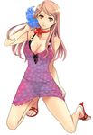  bra brown_eyes brown_hair choker copyright_request dress flower fujisaka_kuuki hair_flower hair_ornament high_heels kneeling long_hair panties sandals see-through shoes smile solo underwear 