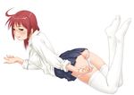 ahoge ass blush copyright_request hands legs long_sleeves lying makochin miniskirt naughty_face no_shoes panties panty_pull pleated_skirt red_hair shirt simple_background skirt solo thighhighs underwear white_background white_panties 