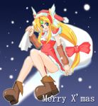  blonde_hair blue_eyes boots christmas geo_(yukishitadou) long_hair low-tied_long_hair ribbon riesz santa_costume seiken_densetsu seiken_densetsu_3 solo 