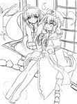  blush feet greyscale hair_ribbon konpaku_youmu konpaku_youmu_(ghost) long_sleeves monochrome multiple_girls ribbon saigyouji_yuyuko short_hair touhou zero_point 