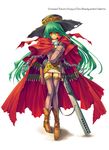 aoi_yuuji belt boots bullet cape copyright_request gloves green_hair gun hat holster long_hair long_sleeves red_eyes solo thighhighs weapon 