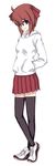  black_legwear blue_eyes brown_hair crossed_legs hair_ribbon hand_in_pocket hood hood_down hoodie iwai_ryou long_sleeves miniskirt original red_skirt ribbon shoes short_hair simple_background skirt smile solo standing thighhighs white_background zettai_ryouiki 