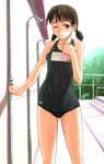  bare_shoulders black_school_swimsuit brown_eyes brown_hair day one-piece_swimsuit one_eye_closed original outdoors pool school_swimsuit short_hair short_twintails showering solo standing swim_cap swimsuit twintails yasuomi 