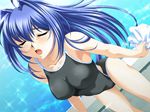  baka_ouji_persia blue_hair casual_one-piece_swimsuit closed_eyes competition_school_swimsuit dutch_angle game_cg hair_intakes hayase_mitsuki impossible_clothes impossible_swimsuit kimi_ga_nozomu_eien leaning_forward long_hair one-piece_swimsuit open_mouth pool solo sparkle swimsuit towel wet 