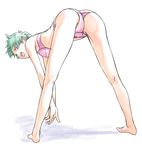  ass barefoot bent_over blue_eyes bow bow_panties bra copyright_request full_body green_hair legs legs_apart lingerie looking_back minato_fumi open_mouth panties purple_bra purple_panties smile solo standing stretch underwear underwear_only 