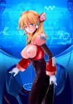  1girl alia_(rockman) android bangs blonde_hair blue_eyes breasts breasts_outside eyebrows_visible_through_hair framed_breasts gloves hand_on_own_ass headgear large_breasts long_hair microphone nipple robot_ears solo white_gloves 