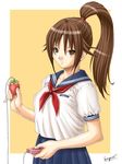  brown_hair food fruit gegera holding holding_food holding_fruit ichigo_100_percent kitaooji_satsuki school_uniform solo strawberry vibrator 