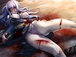  blood blood_on_face blue_eyes breasts bruise cuts game_cg guro heaven_~death_game~ injury large_breasts long_hair lying miyata_sou nipples on_back panties pink_panties purple_panties silver_hair solo underwear wince 