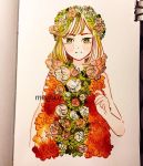  1girl artist_name bangs binder_clip cropped_torso eyebrows_visible_through_hair flower green_eyes green_hair hand_up highres leaf looking_at_viewer meyoco original photo pink_flower sleeveless solo traditional_media upper_body 