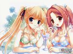 artist_request bikini blonde_hair blue_eyes blush breasts brown_eyes cleavage drinking_straw floral_print happiness! heart medium_breasts multiple_girls red_hair swimsuit twintails wallpaper 