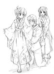  2girls alternate_costume dressing dressing_another greyscale hakurei_reimu japanese_clothes kimono kirisame_marisa long_sleeves monochrome morichika_rinnosuke multiple_girls takatsuki_tsukasa touhou 