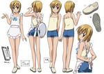  apron arms_behind_back back blonde_hair blush boku_no_pico camisole character_sheet clipboard crossdressing denim denim_shorts green_eyes looking_back lowres male_focus multiple_views otoko_no_ko pen pico shoes shorts smile thigh_gap tray turnaround waitress waving yoshiten 