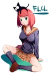  bag breasts cat covered_nipples flcl green_eyes kneehighs medium_breasts misaki_takahiro open_mouth plaid plaid_skirt red_hair samejima_mamimi school_uniform shadow short_hair sitting skirt socks solo takkun_(flcl) 