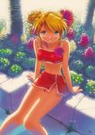  blonde_hair blue_eyes breasts covered_nipples double_bun flower garden hair_flower hair_ornament hair_up highres kobayashi_yuuji medium_breasts miniskirt neon_genesis_evangelion ribbon sitting skirt smile solo souryuu_asuka_langley strapless tubetop 