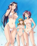  adjusting_hair arms_behind_back bikini bikini_tan black_hair blush bow breast_envy breasts brown_eyes brown_hair cameltoe covered_nipples day drill_hair front-tie_top frown hair_bow hair_ribbon hand_on_hip hosokawa_kanako large_breasts long_hair lowleg lowleg_bikini maria-sama_ga_miteru matsudaira_touko medium_breasts micro_bikini multi-strapped_bikini multiple_girls naitou_shouko navel one-piece_tan outdoors purple_eyes purple_hair red_eyes ribbon sameha_ikuya sky striped swimsuit tan tanline thigh_gap twin_drills twintails underboob very_long_hair white_bikini 