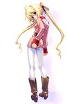  ashishun belt blonde_hair blue_eyes blush boots costume embarrassed from_behind gundam long_hair looking_back mobile_suit_gundam original pantyhose ribbon shiny shiny_clothes solo twintails very_long_hair white_legwear 