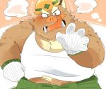  2019 anthro belly blush brown_fur clothing fur gloves humanoid_hands hyaku1063 male mammal overweight overweight_male simple_background solo suid suina sus_(pig) tusks wild_boar 