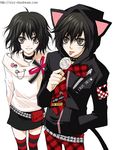  ambiguous_gender animal_hood badge black_hair button_badge candy cat_hood collar copyright_request costume fashion food gothic grey_eyes hetero hood jacket lollipop necktie non-web_source safety_pin sizz striped striped_legwear swirl_lollipop thighhighs tongue 