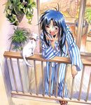  artist_request balcony blue_hair brown_eyes cat chidori_kaname full_metal_panic! long_hair pajamas sleepy solo striped tears vertical_stripes yawning 