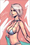  bikini christie_(doa) dead_or_alive qiqo short_hair solo striped striped_bikini swimsuit towel white_hair 