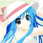  arin bangs blue_eyes blue_hair hat long_hair lowres pangya smile solo sun_hat 