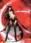  armor black_hair blue_eyes boots breasts elbow_gloves fingerless_gloves genderswap genderswap_(mtf) gloves green_footwear guan_yu hair_ornament large_breasts long_hair midriff naginata navel polearm sangoku_musou sayo_tanku shin_sangoku_musou solo thigh_boots thighhighs underboob very_long_hair weapon 